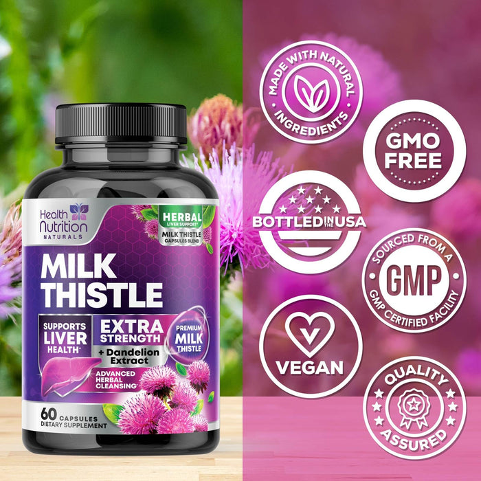 Milk Thistle Supplement - Liver Cleanse Detox & Repair Formula 1000mg with Dandelion - Nature's Herbal Milk Thistle Extract Supplements w/Silymarin Marianum, Supports Liver Health - 60 Capsules