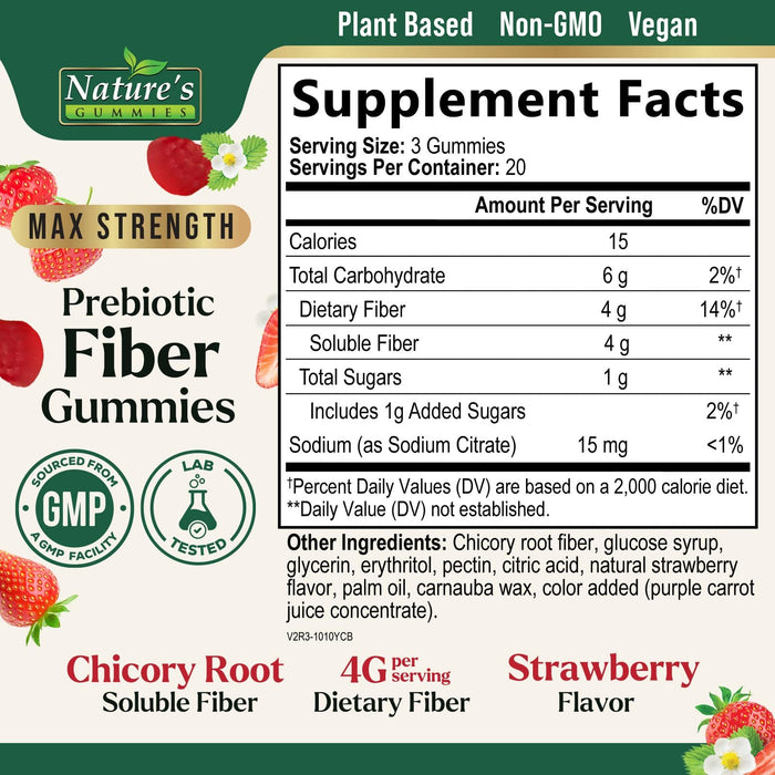Fiber Gummies for Digestive Health & Regularity Support, Fiber 4g Gummy for Adults, Daily Prebiotic Supplements Blend, Natural Prebiotics Extra Strength Gummy, Added Fruit Flavor - 60 Gummies