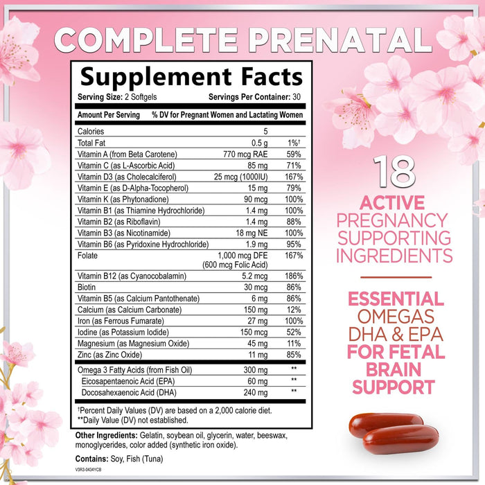 Prenatal Vitamins For Women With Folic Acid, DHA & Iron - Women's Prenatal Multivitamin, Essential Pre Natal Vitamins with Folate, Omega 3, D3, B12, Pregnancy Supplement for Mom & Baby - 60 Softgels