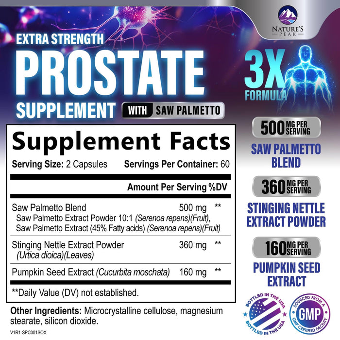 Prostate Health Supplements for Men - Support Complex 3x Formula with Saw Palmetto Blend Stinging Nettle Root & Pumpkin Seed Extract - Supports Bathroom Trips Prostate & Urinary Health - 120 Capsules