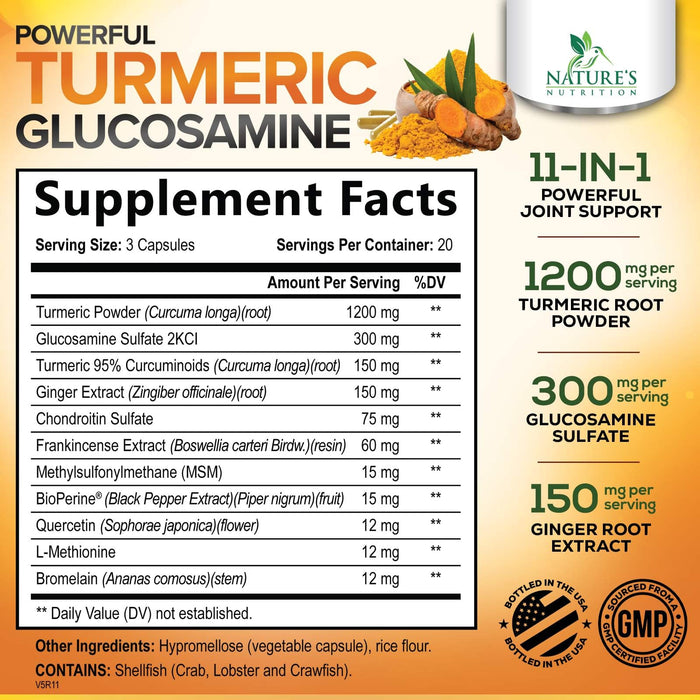 Turmeric Curcumin Supplement 2000mg with Glucosamine Chondroitin & Ginger, 95% Curcuminoids, BioPerine Black Pepper for Best Absorption, Nature's Joint Support, Non-GMO, Bottled in USA - 60 Capsules