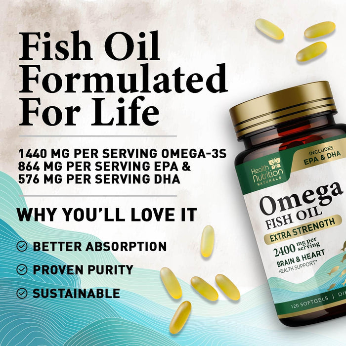 Omega 3 Fish Oil Triple Strength 1200 mg, Omega-3 Supplements, Natural Brain Heart Health & Immune Support - Fatty Acids with EPA & DHA - Wild Caught Purified Fish Oil Supplement - 120 Softgels