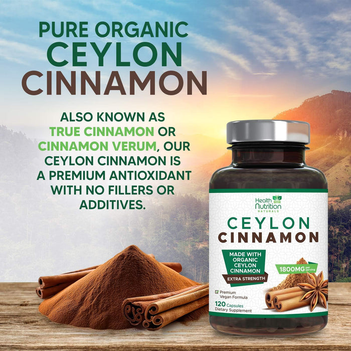 Ceylon Cinnamon Capsules 1800mg - Certified Organic Ceylon Cinnamon Powder Supplement, Bottled in USA, Extra Strength Energy & Heart Support Pills, Non-GMO & Gluten Free, Sugar Free - 120 Capsules