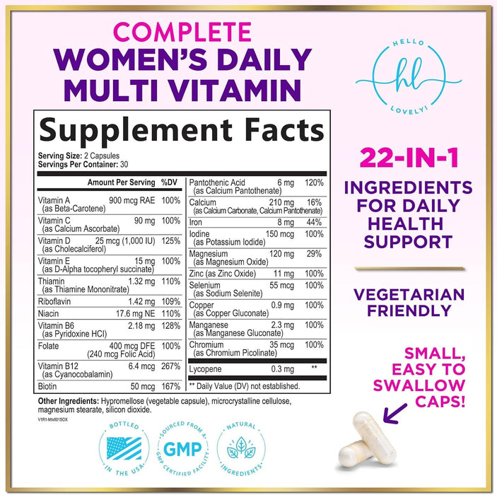 Multivitamin for Women - 3X Strength Daily Women Multivitamin, Vitamins A, D, C, E, Biotin, Folic Acid, Calcium, & Iron, Complete Multi Vitamin for Beautiful Hair & Skin, Bottled in USA, 60 Capsules