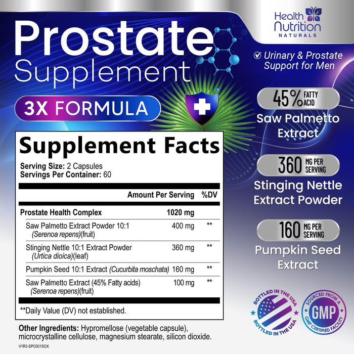 Prostate Health Supplements for Men - Potent 3X Formula with Saw Palmetto, Stinging Nettle, Pumpkin Seed Extract, Bottled in USA, Prostate Supplement for Urinary Support, Vegan, Non-GMO, 120 Capsules