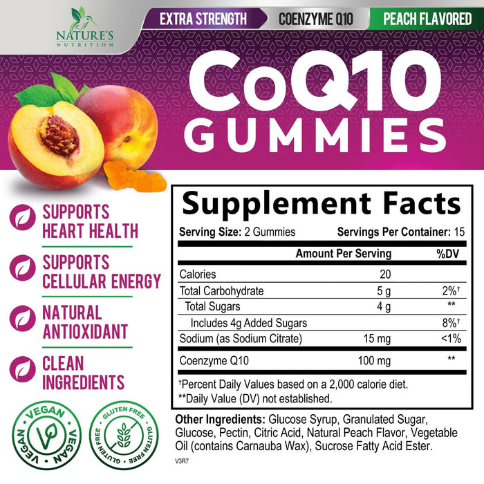 Nature's Nutrition CoQ10 Gummies 100mg â€“ High Absorption Coenzyme Q10 Supplement for Heart Health, Energy & Antioxidant Support â€“ Peach Flavor Gummy, Vegan, Non-GMO, Gluten Free â€“ 30 Count