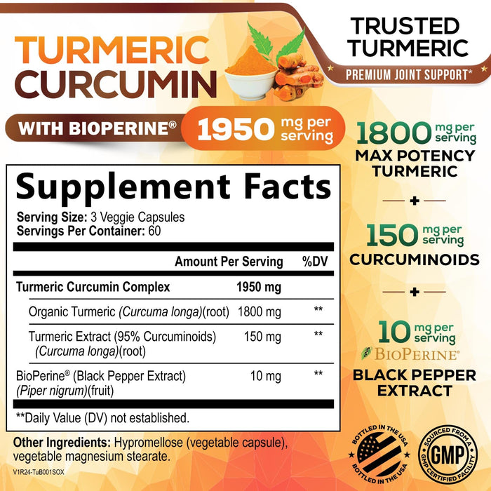 Turmeric Curcumin Supplement 1950mg - 95% Curcuminoids with Organic Turmeric & BioPerine Black Pepper Extract for Best Absorption, Nature's Vegan Joint Support, Non-GMO, Bottled in USA - 180 Capsules