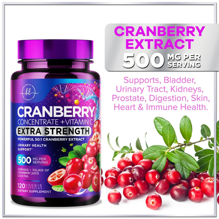 Cranberry Supplement 25,000mg Formula + Vitamin C – Urinary Tract Health Support for Women & Men, 50:1 Whole Fruit Cranberry Extract Pills for Women, Sugar-Free, Non-GMO, Gluten-Free - 120 Capsules