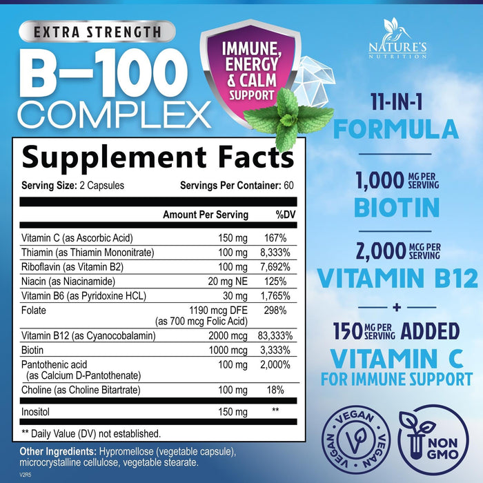 B Complex Vitamins Capsules with Vitamin B6 B12 B100 C Biotin Folate & Folic Acid - Supplement for Heart, Brain, & Nerve Support - Super Complete B-Complex for Immune & Energy Support - 120 Capsules