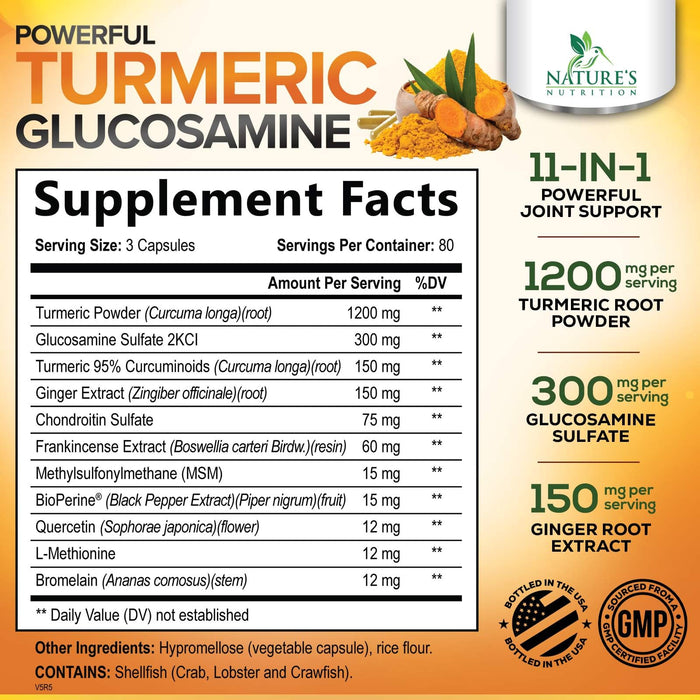 Turmeric Curcumin Supplement 2000mg with Glucosamine Chondroitin & Ginger, 95% Curcuminoids, BioPerine Black Pepper for Best Absorption, Nature's Joint Support, Non-GMO, Bottled in USA - 240 Capsules