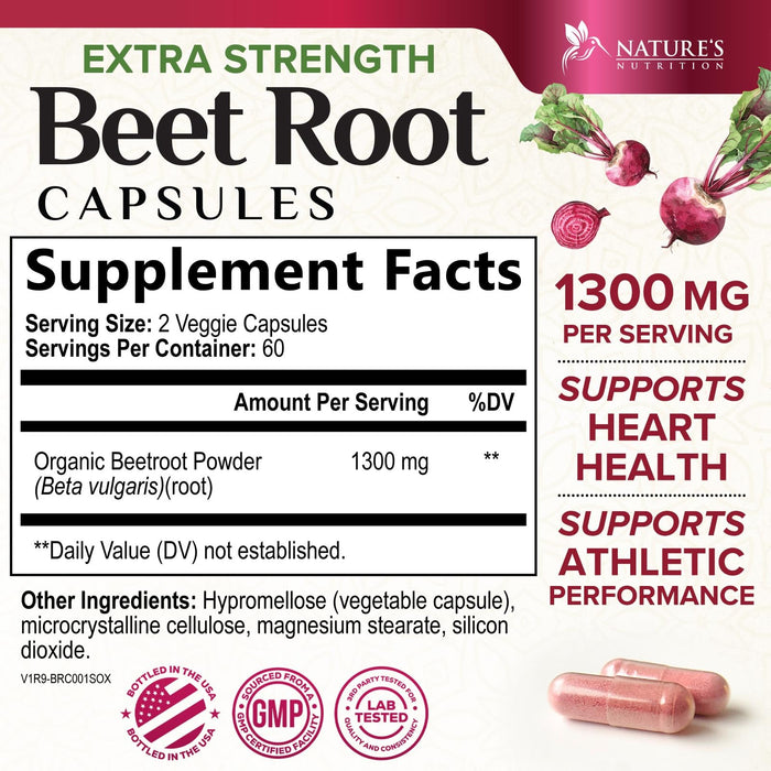 Beet Root Capsules 1300mg - Extra Strength Red Beetroot Powder Supplement – Supports Nitric Oxide Production, Heart Health & Natural Energy – Non-GMO, Vegan, Gluten Free – 120 Veggie Capsules