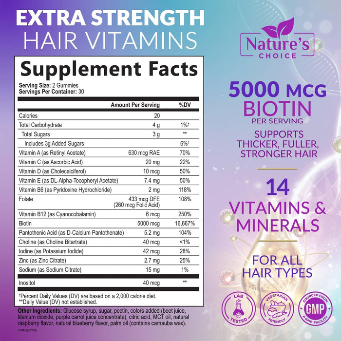 Hair Vitamins Gummies with Biotin 5000 mcg Vitamin E & C Support Hair Growth Gummy, Premium Vegetarian Non-GMO, for Stronger, Beautiful Hair, Skin & Nails, Biotin Gummies Supplement - 60 Gummy Bears