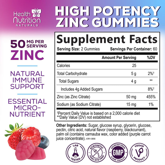 Zinc Supplement 50mg Gummies for Adults - Max Strength Skin Health & Immune Support Gummy, Vegan, Non-GMO & Gluten Free, Nature’s Antioxidant & Bone Health Chewable Tasty Berry Flavor - 120 Gummies
