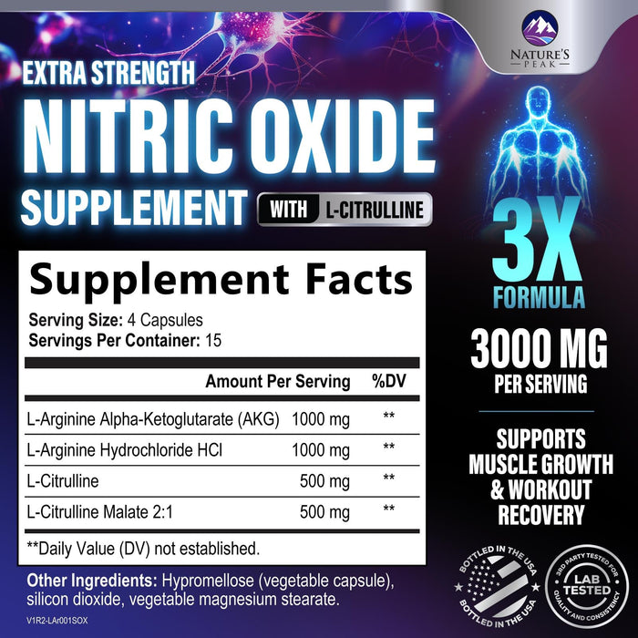 Nitric Oxide Supplement 3000mg L Arginine 3X Strength - Citrulline Malate & AKG - Extra Strength Muscle Supporting Nitric Booster for Muscle Growth & Workout Recovery to Train Harder - 60 Capsules