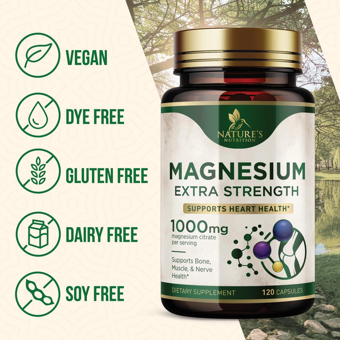 Magnesium Supplement (Citrate Oxide) 1000mg for Best Absorption, Supports Bone, Heart Health, Nerves, Muscles & Metabolism, Nature's Pure Magnesio Vitamin Pills, Bottled in USA, 120 Capsules