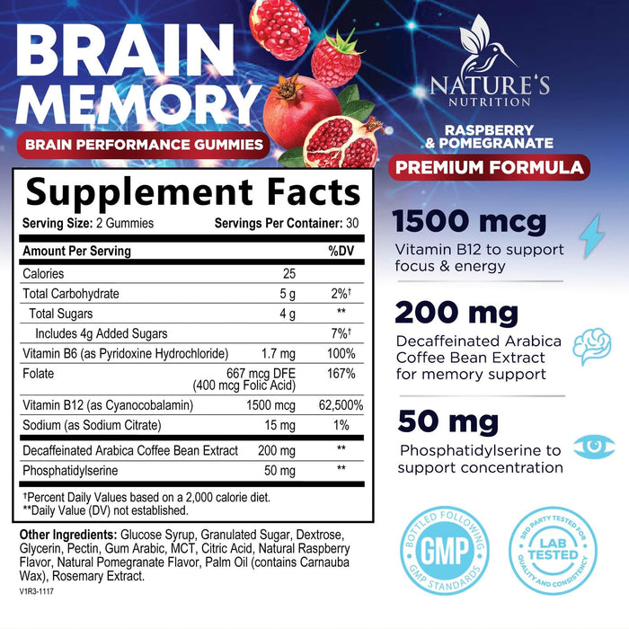 Brain Supplement Gummies for Concentration Memory & Focus Support - Brain Clarity Health with B6 B12, Phosphatidylserine, Coffee Extract, Nootropics Cognitive Vitamins for Adults - 60 Vegan Gummies