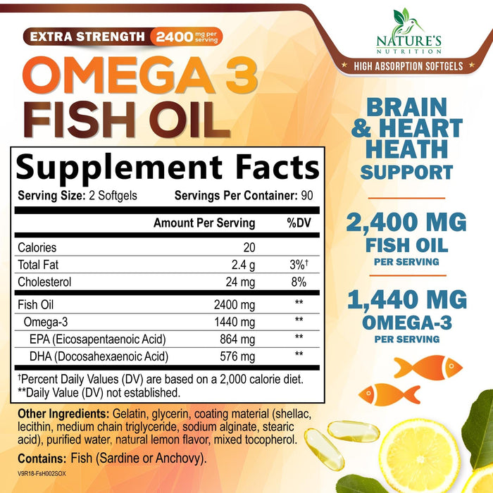 Omega 3 Fish Oil 2400 mg - Triple Strength EPA & DHA Fatty Acids for Heart, Brain & Joint Support Wild-Caught, Burpless, Lemon Flavor Supplement Natural, Non-GMO, Gluten-Free - 180 Softgels