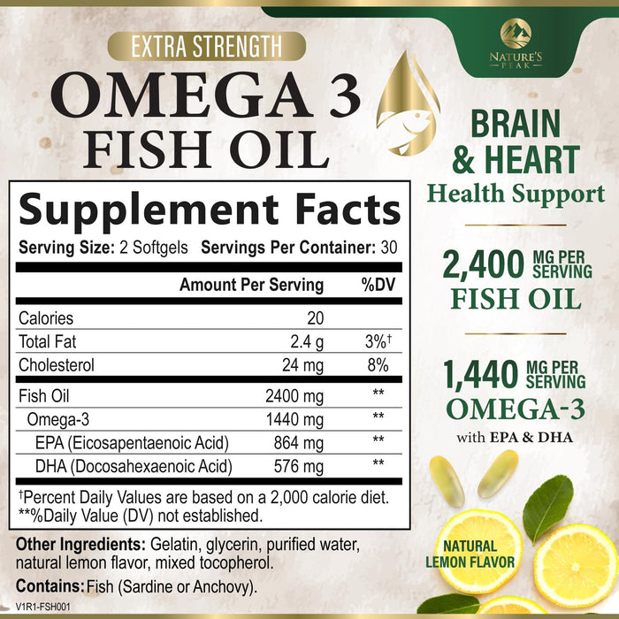 Omega 3 Fish Oil Pills 2400mg - Triple Strength Omega 3 Fish Oil Supplements - Best EPA & DHA Fatty Acids for Brain & Heart Health Support, Nature's Omega3 Supplement, 30 Day Supply - 60 Softgels