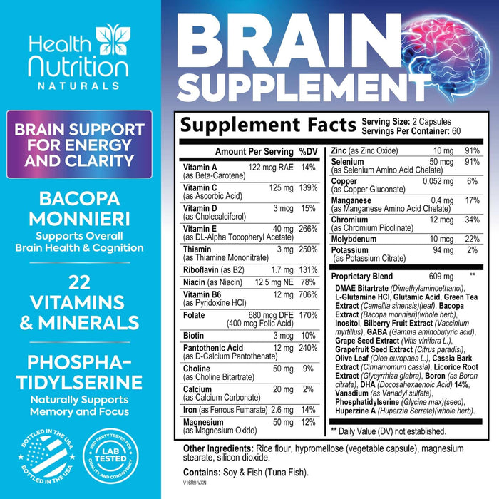 Brain Supplements for Memory and Focus - Extra Strength Nootropic Capsules for Concentration, Alertness, Cognitive Support - Phosphatidylserine, Brain Health Vitamins B6 C E Zinc - 60 Capsules