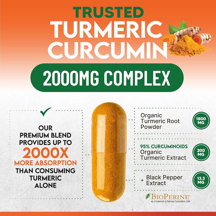 Turmeric Curcumin Supplement 2000mg - Nature's Joint & Immune Support, Organic Tumeric & BioPerine Black Pepper for Best Absorption with 95% Curcuminoids, Non-GMO, Bottled USA - 240 Count