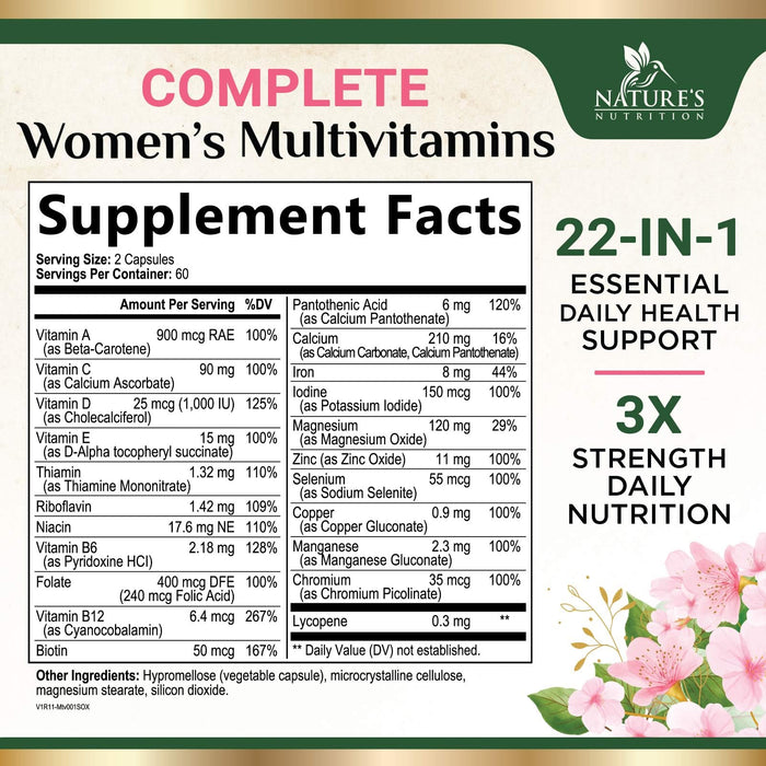 Multivitamin for Women with Vitamins A, C, D, E, B6, B12, Zinc, Calcium & Magnesium, Womens Daily Multi Vitamin Multimineral Supplement for Bone Health, Energy & Immune Support, Non-GMO - 120 Capsules