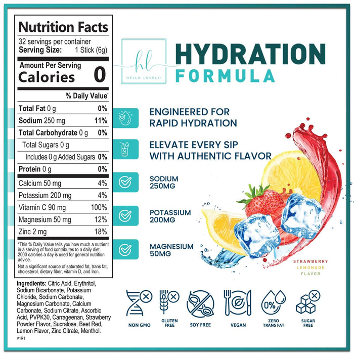 Electrolytes Hydration Packets - Keto Recovery Powder with Potassium, Magnesium, Sodium, Zinc & Vitamin C, Sugar-Free, Hydration Electrolyte Liquid Drink Mixes, Vegan, Strawberry Lemon (32 Pack)