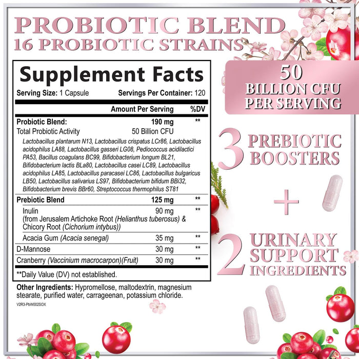 Probiotics for Women Supplement with Cranberry - 16 Premium Strains for PH Balance, Digestive Health, Vaginal & Immune Support, 90 Billion CFU, Women's Probiotic, UT, & Feminine Health - 120 Capsules
