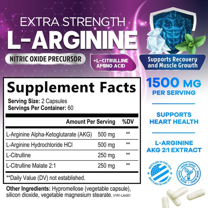 L-Arginine 1000mg Supplement - Heart Health Support - Premium Muscle Supporting Nitric Oxide Precursor Booster for Extra Strength - Gluten Free, Amino Acid Energy Blend For Men & Women - 120 Capsules