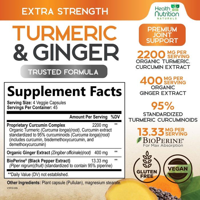 Turmeric Curcumin Supplement 2600mg - with Organic Ginger & Turmeric, 95% Curcuminoids, BioPerine Black Pepper for Best Absorption, Nature's Vegan Joint Support, Non-GMO, Bottled in USA - 180 Capsules