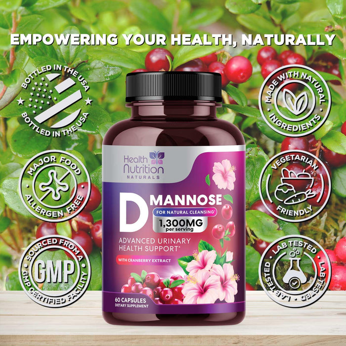 D-Mannose Supplement 1,000mg - with Cranberry, Hibiscus & Dandelion - Fast-Acting, Natural Urinary Tract & Bladder Support for Women & Men – Flush & Cleanse Impurities – Non-GMO, Vegan – 60 Capsules