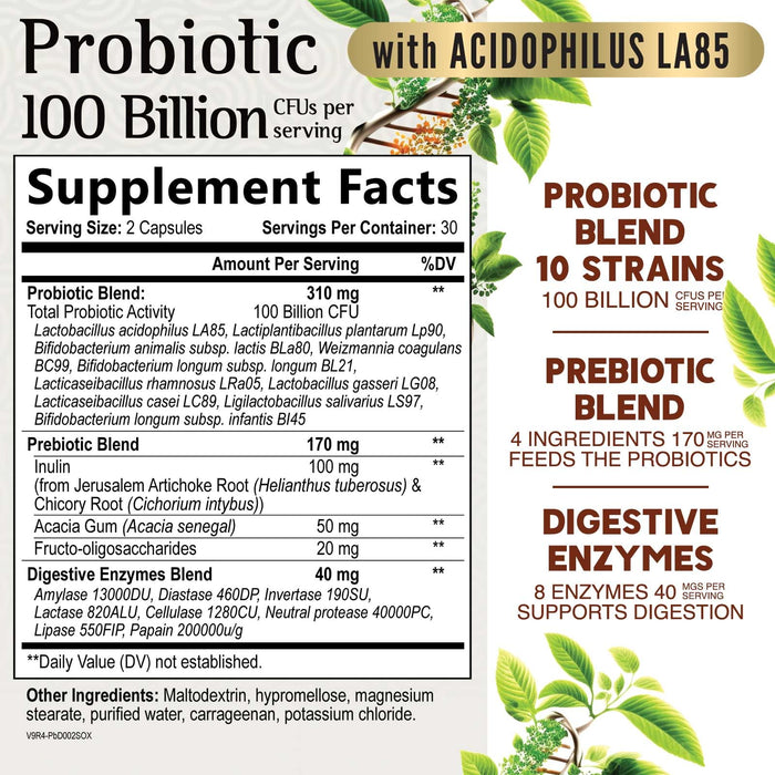 Probiotics for Women & Men - 100 Billion CFU 10 Strains + Prebiotics - Digestive Health, Gut & Immune Support - Support for Occasional Constipation, Gas & Bloating - Non-GMO Shelf Stable - 60 Capsules