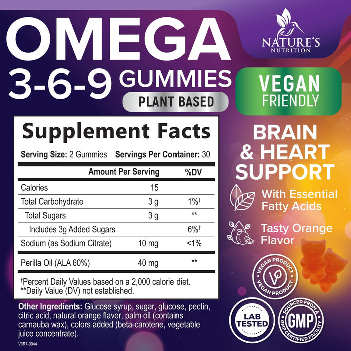 Omega 3 6 9 Vegan Gummies - Triple Strength Omega 3 Supplement Gummy - Essential Oil 369 Heart Support and Brain Support for Women, Men & Pregnant Women, Non-GMO, Orange Flavor - 60 Gummies