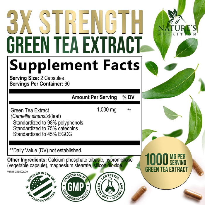 Green Tea Extract Capsules 1000mg 98% Standardized EGCG - 3X Strength for Natural Energy - Heart Support with Polyphenols - Gentle Caffeine - 120 Capsules