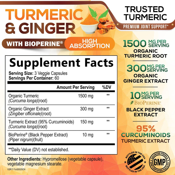 Turmeric Curcumin Supplement 1950mg - 95% Curcuminoids with Organic Turmeric & Ginger, BioPerine Black Pepper for Best Absorption, Nature's Vegan Joint Support, Non-GMO, Bottled in USA - 180 Capsules
