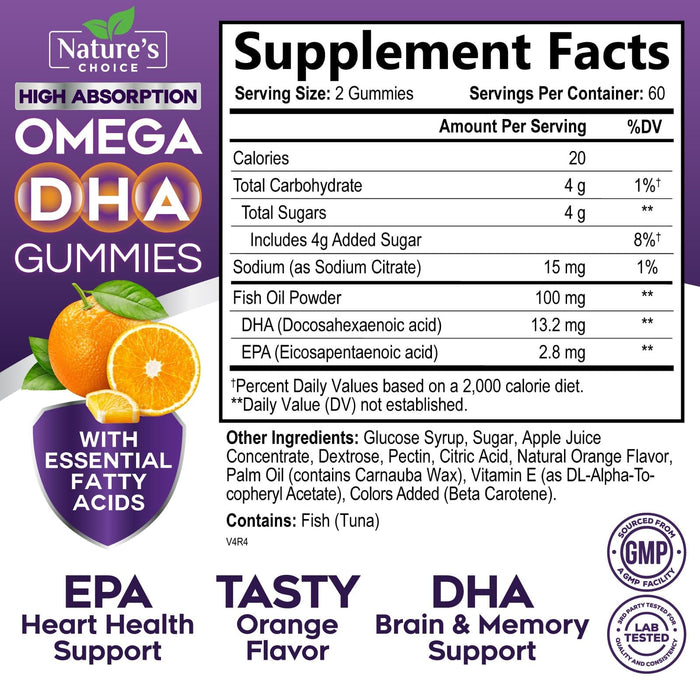 Omega 3 Fish Oil Gummies - Triple Strength Omega3 Gummy - DHA & EPA Fatty Acids for Heart Health, Joint & Brain Support, Nature's High Absorption Omega Fish Oil Supplement, Orange Flavor- 120 Gummies