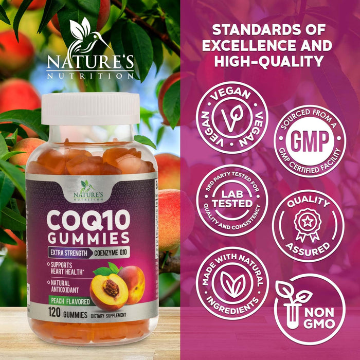 Nature's Nutrition CoQ10 Gummies 100mg â€“ High Absorption Coenzyme Q10 Supplement for Heart Health, Energy & Antioxidant Support â€“ Peach Flavor Gummy, Vegan, Non-GMO, Gluten Free â€“ 120 Count