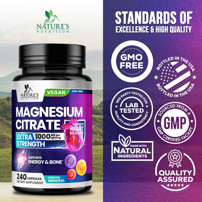 Magnesium Citrate Supplement 1000 mg for Best Absorption, Supports Bone, Heart Health, Nerves, Muscles, Metabolism & Calm, Nature's Pure Magnesio Vitamin Pills, Bottled in USA - 240 Capsules