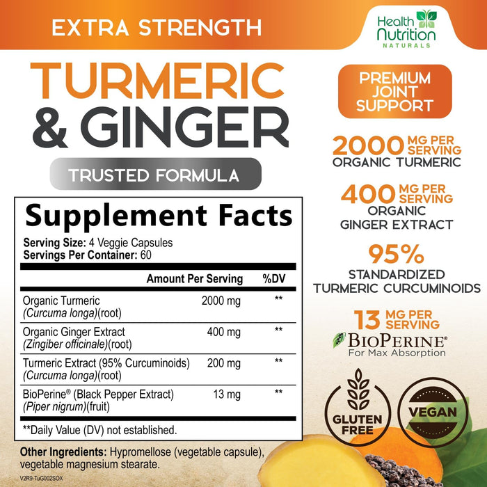 Turmeric Curcumin Supplement 2600mg - with Organic Ginger & Turmeric, 95% Curcuminoids, BioPerine Black Pepper for Best Absorption, Nature's Vegan Joint Support, Non-GMO, Bottled in USA - 240 Capsules