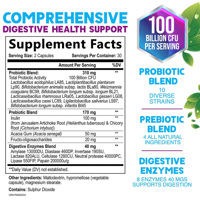 Probiotics for Women & Men 100 Billion CFU - 10 Strains with Lactobacillus, Digestive Gut Health Probiotics & Immune Support Supplement, Supports Occasional Constipation, Gas & Bloating - 60 Capsules