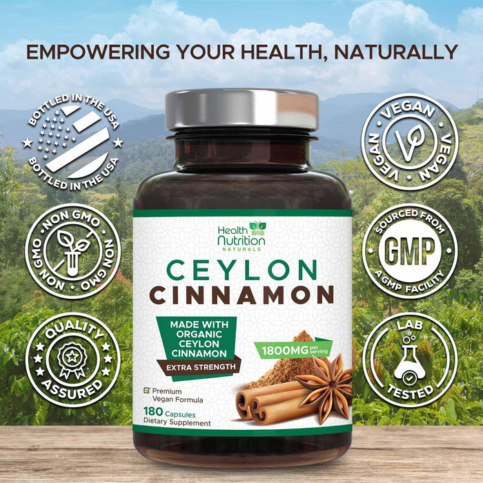 Ceylon Cinnamon Capsules 1800mg - Certified Organic Ceylon Cinnamon Powder Supplement, Bottled in USA, Extra Strength Energy & Heart Support Pills, Non-GMO & Gluten Free, Sugar Free - 180 Capsules