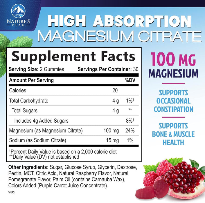 Magnesium Citrate Supplement Gummies - High Absorption Magnesium Gummy for Adults & Kids, Magnesio Citrate Supplements for Bone, Muscle Health, Heart Support, Vegan, Gluten Free, Non-GMO - 60 Gummies