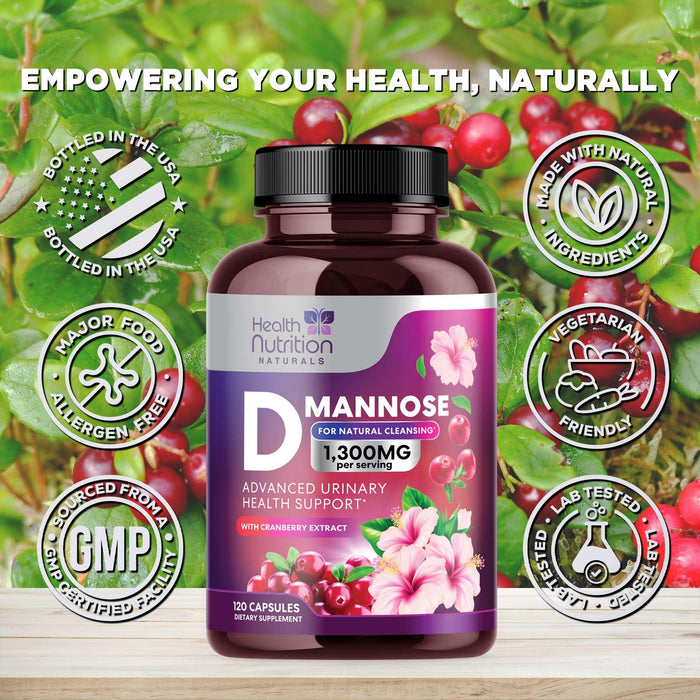 D-Mannose Supplement 1,000mg - with Cranberry, Hibiscus & Dandelion - Fast-Acting, Natural Urinary Tract & Bladder Support for Women & Men – Flush & Cleanse Impurities – Non-GMO, Vegan – 120 Capsules