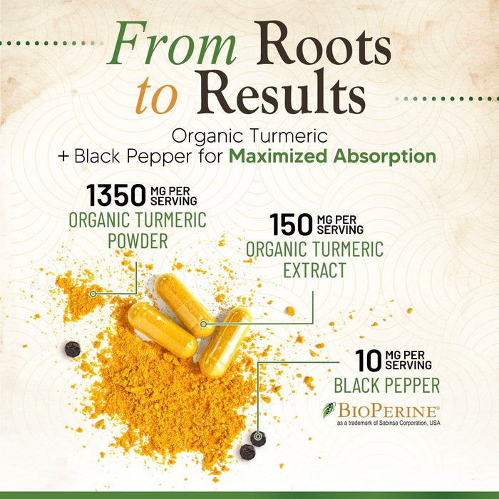 Turmeric Curcumin Supplement 1500mg - Organic Tumeric & BioPerine Black Pepper for Best Absorption with 95% Curcuminoids, Nature's Joint & Immune Support, Non-GMO, Bottled in USA - 360 Capsules