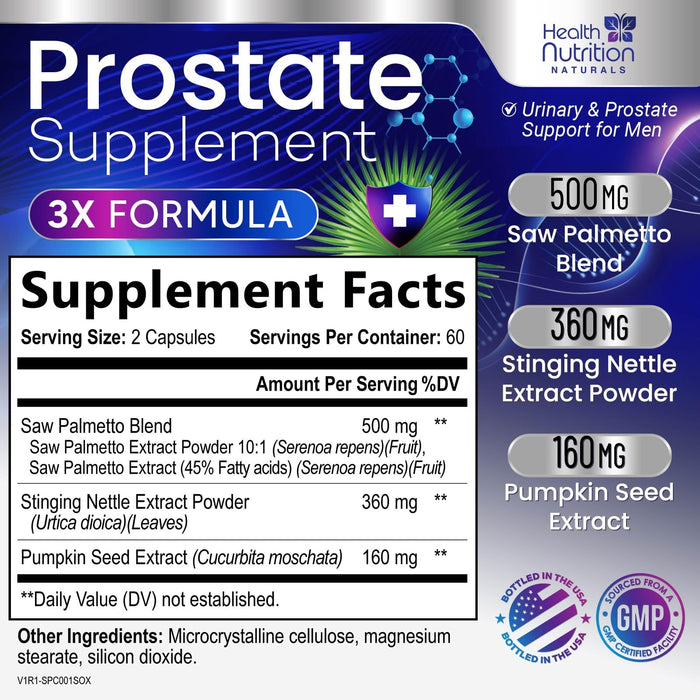 Prostate Health Supplements for Men - Potent 3X Formula with Saw Palmetto, Stinging Nettle, Pumpkin Seed Extract, Bottled in USA, Prostate Supplement for Urinary Support, Vegan, Non-GMO, 120 Capsules