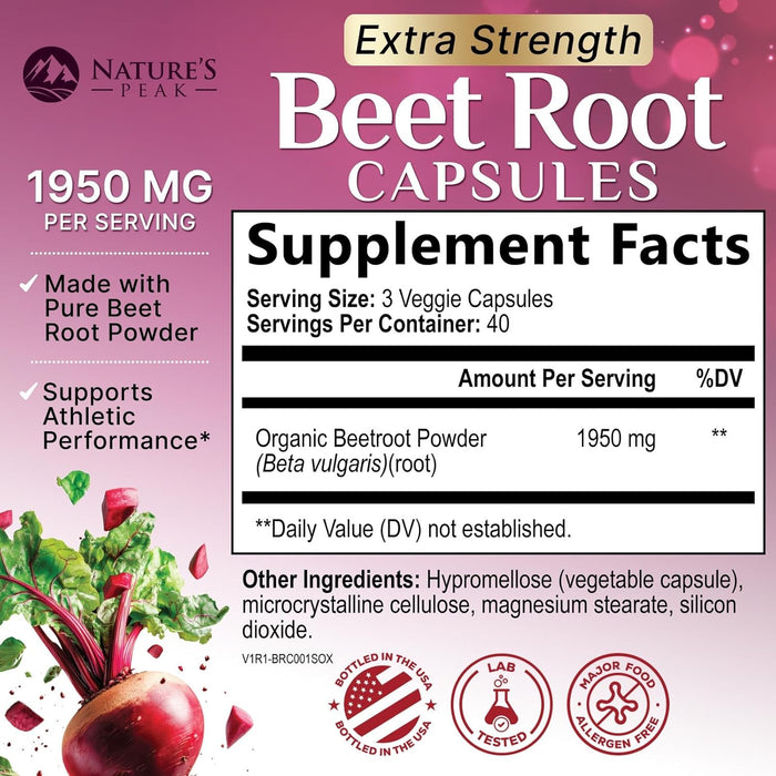 Beet Root Capsules 1950mg - Organic Beetroot Powder in Vegan Capsules - Premium Beet Root Powder Supplement Supports Nitric Oxide Production, Heart Health & Natural Energy - Bottled in USA - 120 Count