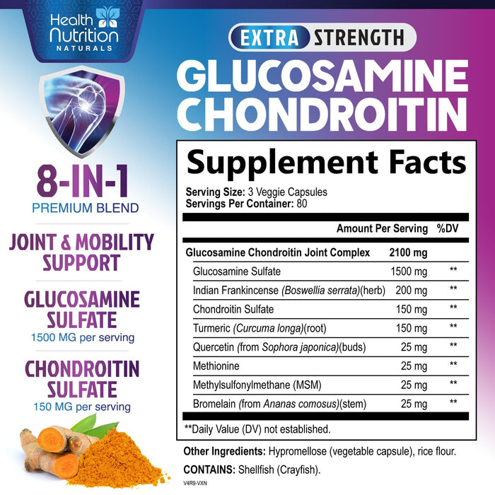 Glucosamine Chondroitin MSM 2100mg Complex - Joint Health Supplement with Turmeric & Boswellia - Quercetin for Cartilage, Flexibility & Mobility - Triple Strength Glucosamine Sulfate - 240 Capsules