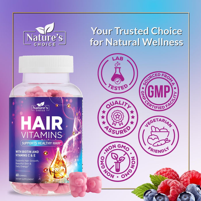 Hair Vitamins Gummies with Biotin 5000 mcg Vitamin E & C Support Hair Growth Gummy, Premium Vegetarian Non-GMO, for Stronger, Beautiful Hair, Skin & Nails, Biotin Gummies Supplement - 60 Gummy Bears