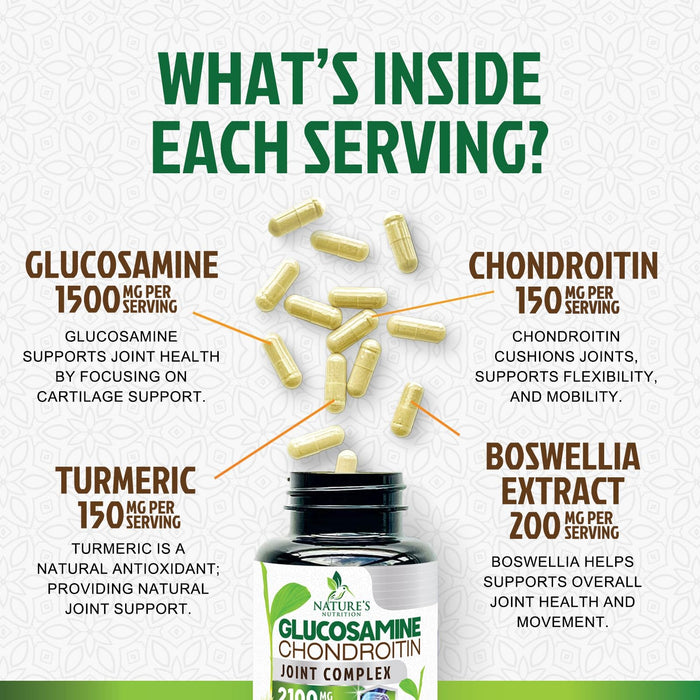 Glucosamine Chondroitin MSM 2100mg Complex - Joint Support Supplement for Joint Mobility & Comfort For Men and Women with Turmeric & Boswellia, Triple Strength Glucosamine Supplements - 240 Capsules