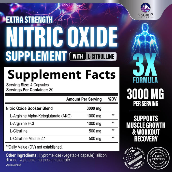 Nitric Oxide Supplement 3000mg L Arginine 3X Strength - Citrulline Malate & AKG - Extra Strength Muscle Supporting Nitric Booster for Muscle Growth & Workout Recovery to Train Harder - 120 Capsules
