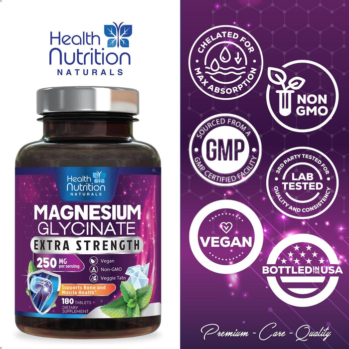 Magnesium Glycinate 250mg - 100% Chelated Magnesium for Max Absorption - Sleep Support, Muscle, Nerves, Bone & Heart Health Support, Best Mag Supplement, Vegan Non-GMO, 3rd Party Tested - 180 Tablets
